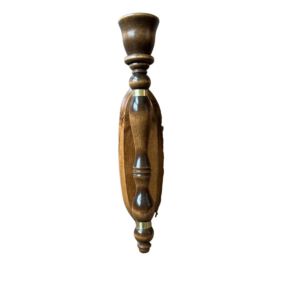 Vintage Wood Turned Candle Wall Sconces w Gold/Brass Metal Bands MCM Retro 13in